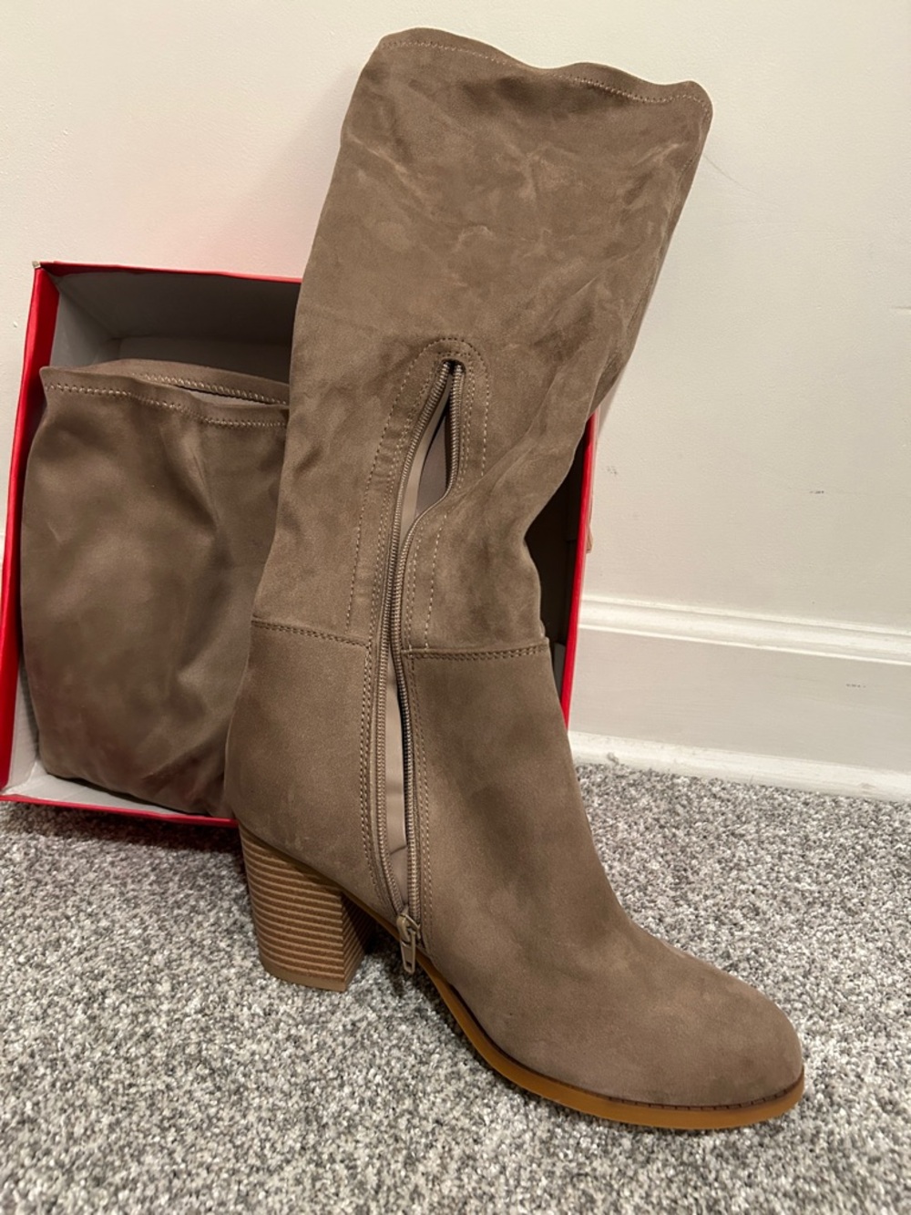 True Craft Taupe Suede Mid-Calf Block Heel Boots